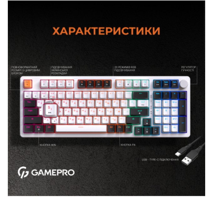 GamePro Клавіатура GamePro MK170W Hot-Swap Red Swich RGB USB UA White (MK170W)