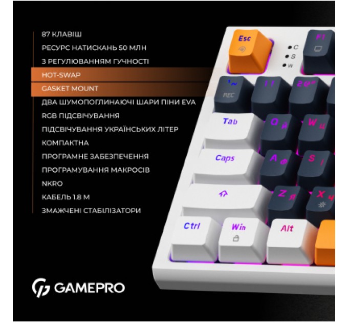 GamePro Клавіатура GamePro MK180W Hot-Swap Red Swich RGB USB UA White (MK180W)