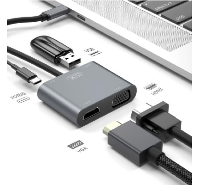 XO Перехідник XO 4-in-1 Dock USB-C (HDMI/VGA/USB3.0/USB-C PD) (XO-HUB001SL)