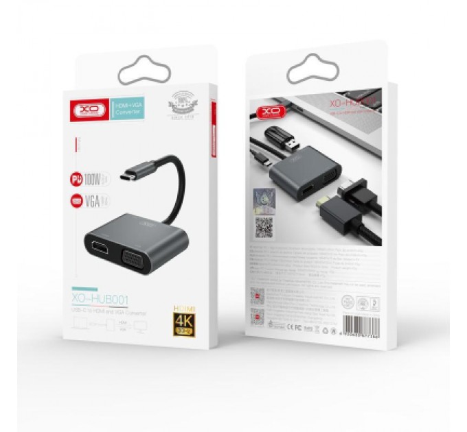 XO Перехідник XO 4-in-1 Dock USB-C (HDMI/VGA/USB3.0/USB-C PD) (XO-HUB001SL)