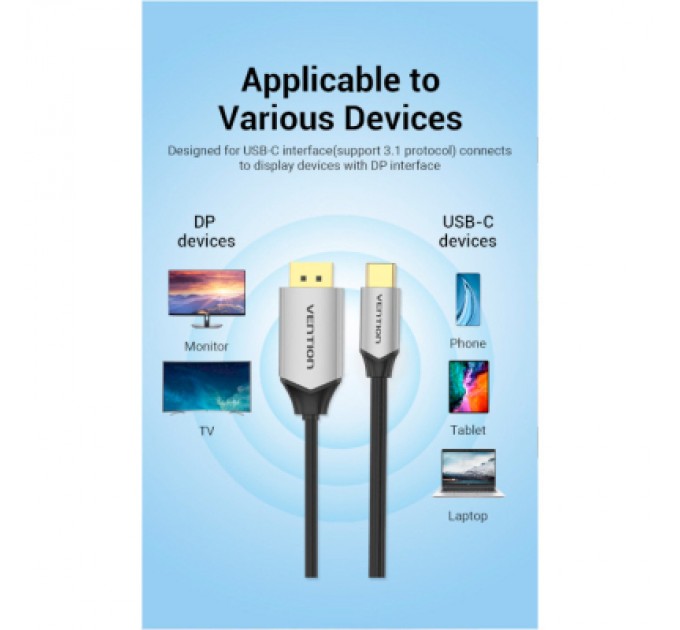 Vention Кабель мультимедійний USB-C 3.1 to DisplayPort M 1.5m v.1.2 4K60Hz Aluminum Alloy black Vention (CGZBG)