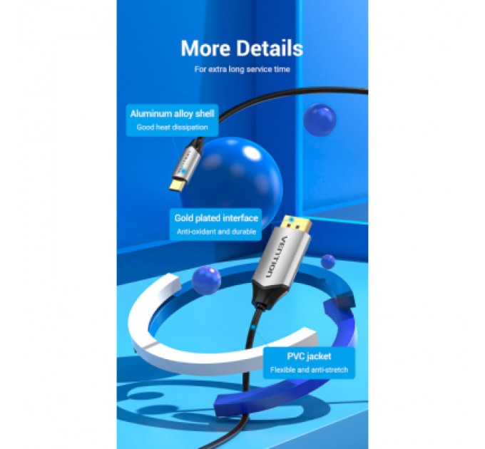 Vention Кабель мультимедійний USB-C 3.1 to DisplayPort M 1.5m v.1.2 4K60Hz Aluminum Alloy black Vention (CGZBG)