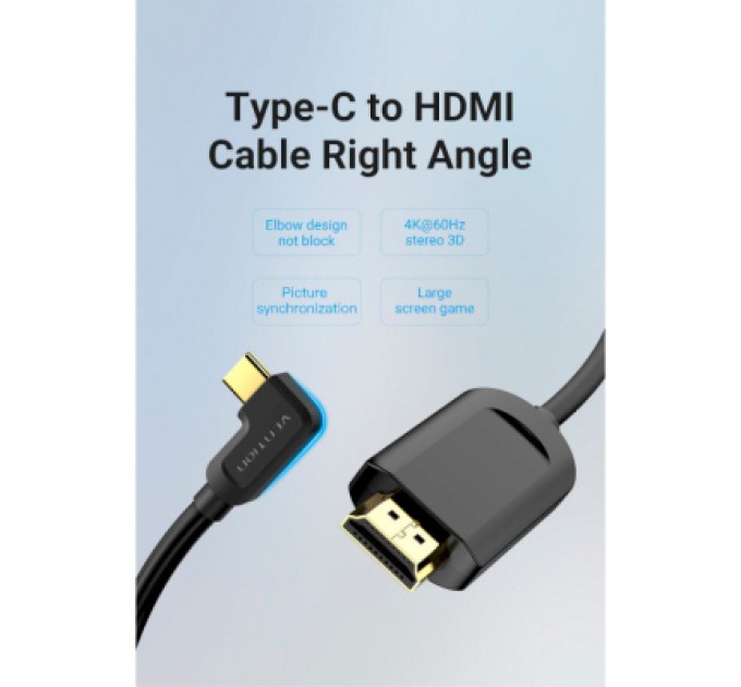 Vention Кабель мультимедійний USB-C 3.1 to HDMI 1.5m 90° 4K 60 Гц PVC Black Vention (CGVBG)