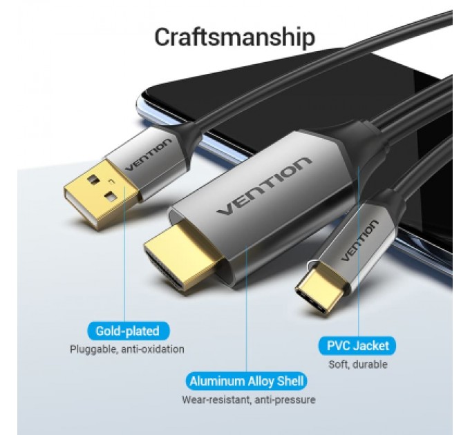 Vention Кабель мультимедійний USB-C 3.1 to HDMI 1.5m v.2.0 4K 60Hz USB Power Supply black Vention (CGTBG)