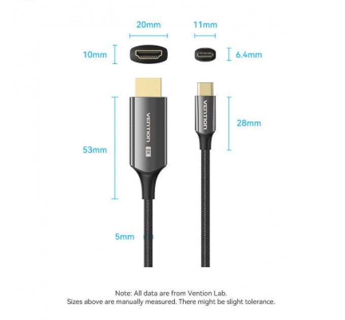 Vention Кабель мультимедійний USB-C 3.1 to HDMI 1.8m 8K 60 Гц Zinc Alloy TPE Black Vention (CRCBAC)