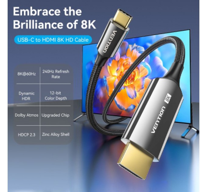Vention Кабель мультимедійний USB-C 3.1 to HDMI 1.8m 8K 60 Гц Zinc Alloy TPE Black Vention (CRCBAC)