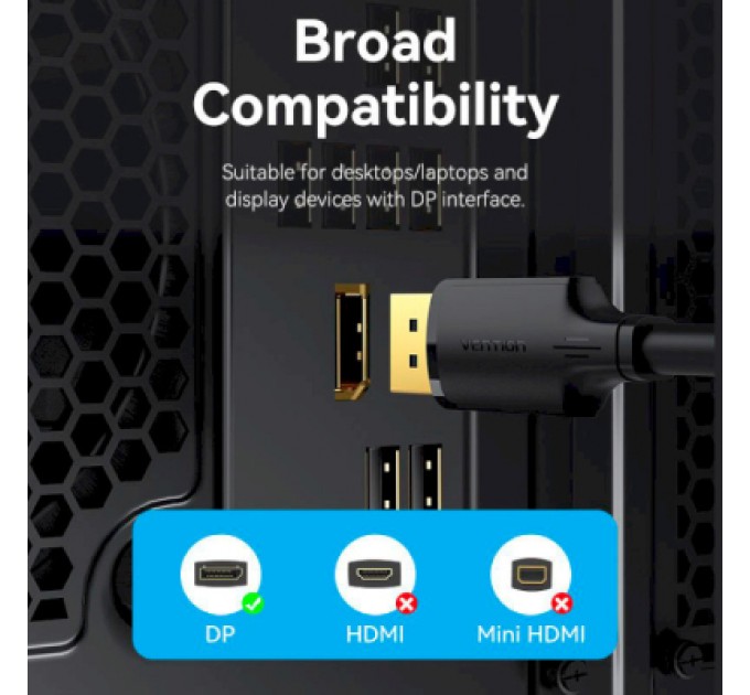 Vention Кабель мультимедійний DisplayPort to DisplayPort 1.5m V1.2 4K 60Hz 3D Dolby 7.1 Vention (HAKBG)