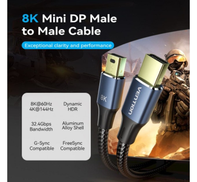 Vention Кабель мультимедійний Mini DisplayPort to Mini DisplayPort 2.0m V1.4 8K 60Hz 32.4Gbps Blue Aluminum Alloy Vention (HCGLH)
