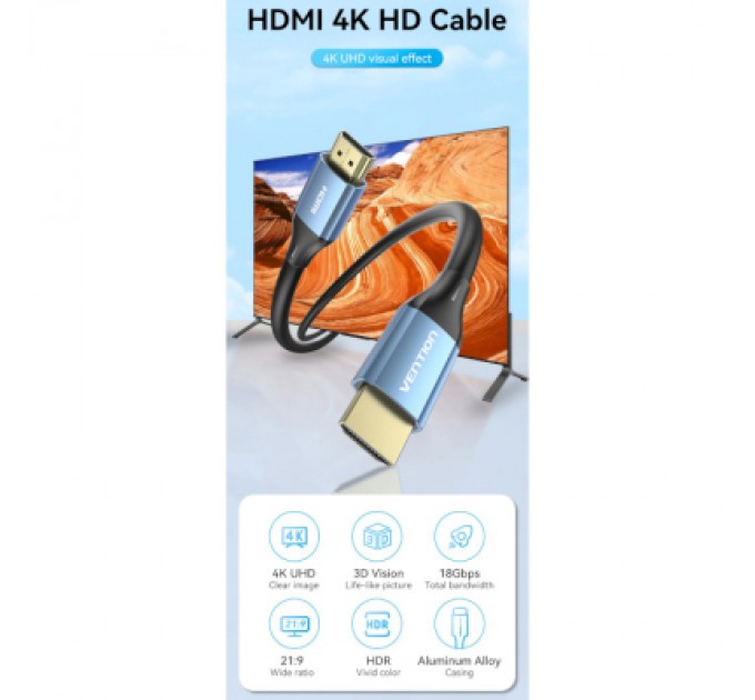Vention Кабель мультимедійний HDMI to HDMI 10.0m V2.0 4K 60Hz Aluminum Alloy Blue Vention (ALHSL)