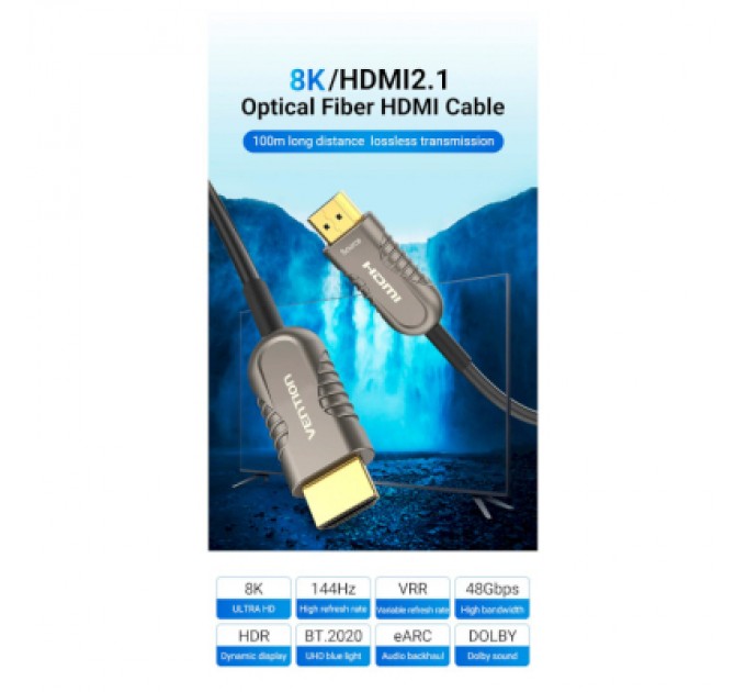 Vention Кабель мультимедійний HDMI to HDMI 60.0m V2.1 Optical 8K 60Hz 48Gbps Dolby 7.1 TPE Black Metal Type Vention (AAZBAE)