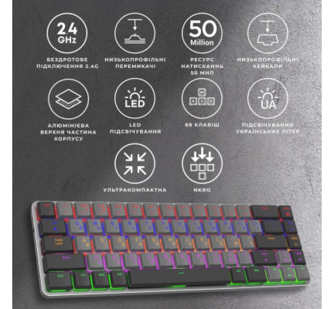 GamePro Клавіатура GamePro MK122R Red Swich Low Profile Wireless Dark Gray (MK122R)