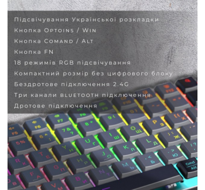 GamePro Клавіатура GamePro MK230R Red Swich Low Profile RGB Wireless/Bluetooth/USB Dark Gray (MK230R)
