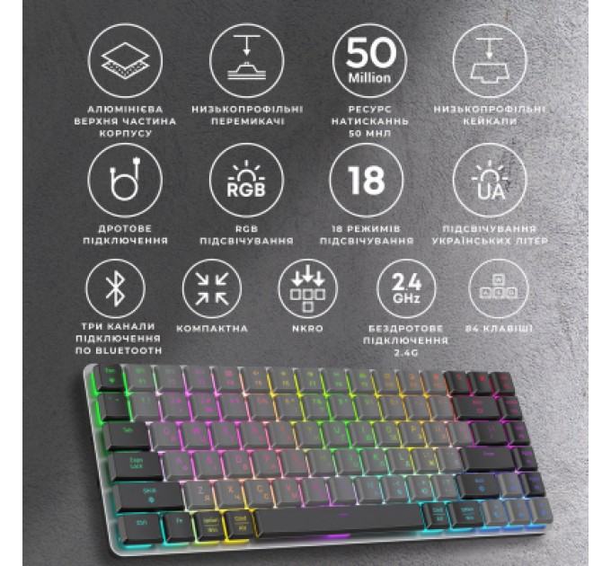 GamePro Клавіатура GamePro MK230R Red Swich Low Profile RGB Wireless/Bluetooth/USB Dark Gray (MK230R)