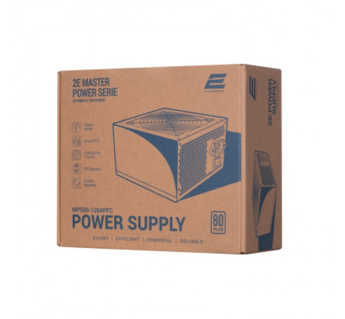 2E Блок живлення 2E MASTER POWER (550W), >80, 80+ White, 120mm, 1xMB 24pin(20+4), 1xCPU 8pin(4+4), 3xMolex, 5xSATA, (2E-MP550-120APFC)