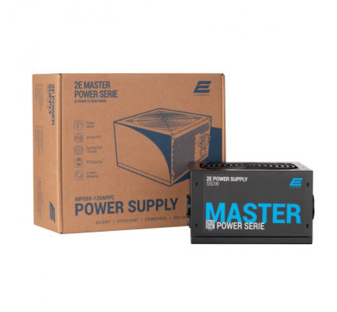 2E Блок живлення 2E MASTER POWER (550W), >80, 80+ White, 120mm, 1xMB 24pin(20+4), 1xCPU 8pin(4+4), 3xMolex, 5xSATA, (2E-MP550-120APFC)