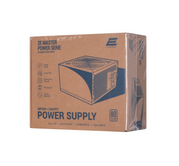 2E Блок живлення 2E MASTER POWER (550W), >80, 80+ White, 120mm, 1xMB 24pin(20+4), 1xCPU 8pin(4+4), 3xMolex, 5xSATA, (2E-MP550-120APFC)