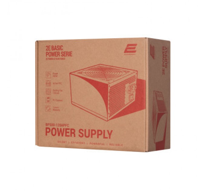 2E Блок живлення 2E BASIC POWER (500W), 80, 120mm, 1xMB 24pin(20+4), 1xCPU 8pin(4+4), 3xMolex, 4xSATA, 2xPCIe 8pin( (2E-BP500-120APFC)