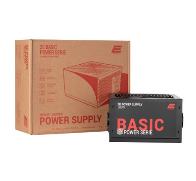 2E Блок живлення 2E BASIC POWER (500W), 80, 120mm, 1xMB 24pin(20+4), 1xCPU 8pin(4+4), 3xMolex, 4xSATA, 2xPCIe 8pin( (2E-BP500-120APFC)