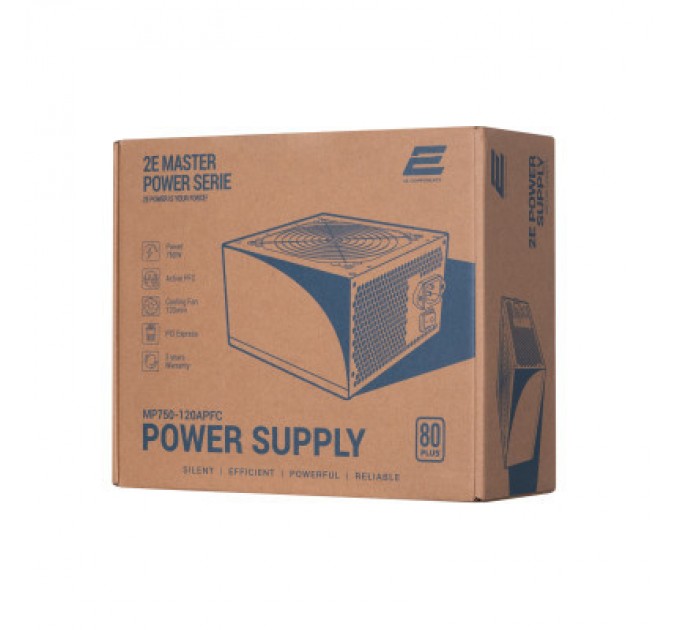 2E Блок живлення 2E MASTER POWER (750W), >80, 80+ White, 120mm, 1xMB 24pin(20+4), 1xCPU 8pin(4+4), 3xMolex, 5xSATA, (2E-MP750-120APFC)