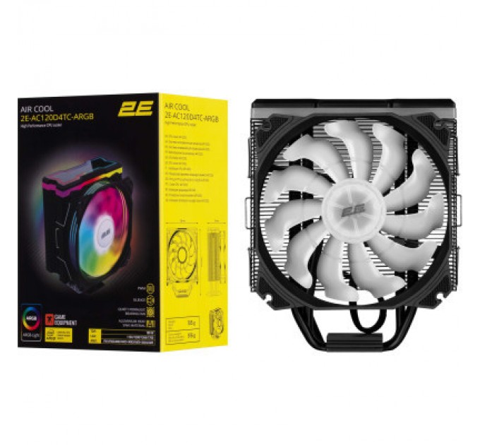 2E Кулер до процесора 2E Gaming Air Cool AC120D4TC-ARGB, LGA1700, 1366, 1200, 115X, AM5, AM4, AM3, AM3+, AM2, AM2+, FM2, (2E-AC120D4TC-ARGB)