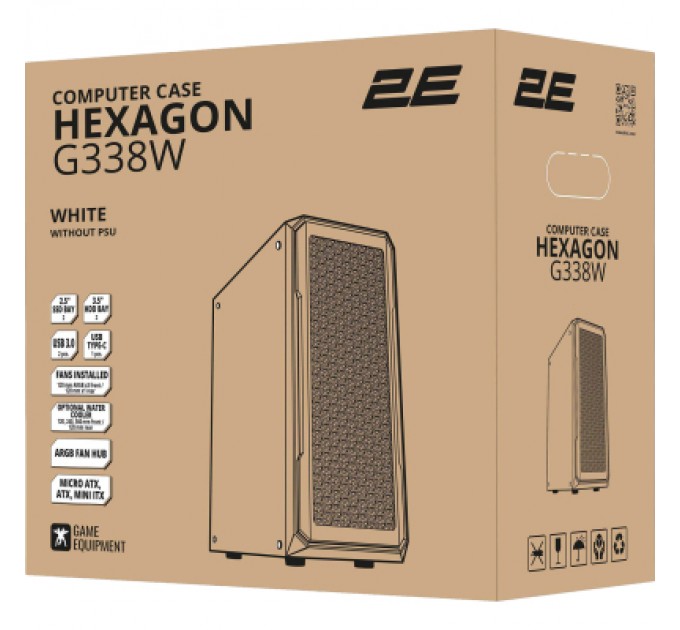 2E Корпус 2E Gaming Hexagon G338W, без БЖ, 2xUSB 3.0, 1xUSB Type-C, 1x120mm, 3x120mm ARGB, TG Side Panel, AT (2E-G338W)