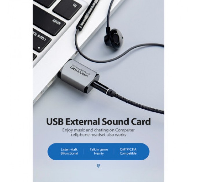 Vention Звукова плата Vention Audio USB 1х3,5mm jack 4pin Metal (OMTP-CTIA) (CDLH0)
