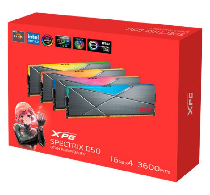 ADATA Модуль пам'яті для комп'ютера DDR4 32GB (4x8GB) 3600 MHz XPG SpectrixD50 RGB Tungsten Gray ADATA (AX4U36008G18I-QCTG50)