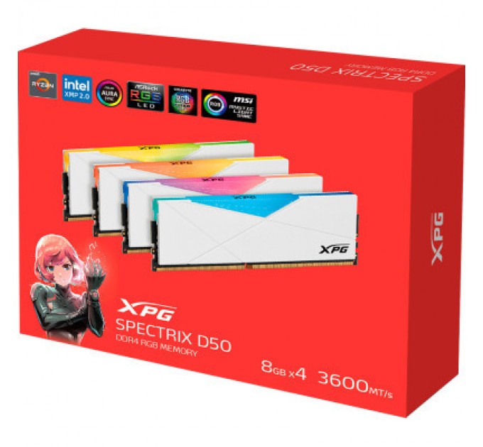 ADATA Модуль пам'яті для комп'ютера DDR4 64GB (4x16GB) 3600 MHz XPG Spectrix D50 RGB White ADATA (AX4U360016G18I-QCWH50)