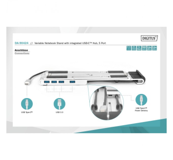 Digitus Підставка до ноутбука Digitus Variable Notebook Stand, до 17", USB-C Dock 5-Port (DA-90424)