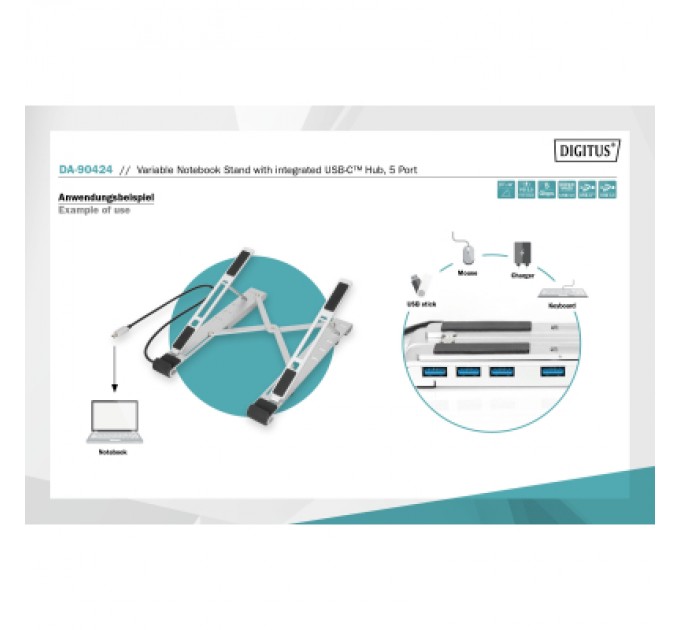 Digitus Підставка до ноутбука Digitus Variable Notebook Stand, до 17", USB-C Dock 5-Port (DA-90424)