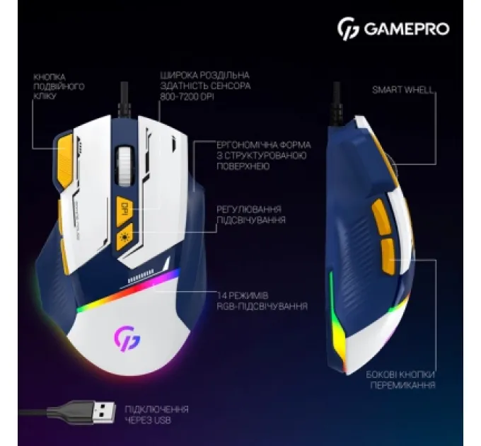 GamePro Мишка GamePro GM300BL USB Blue/White (GM300BL)