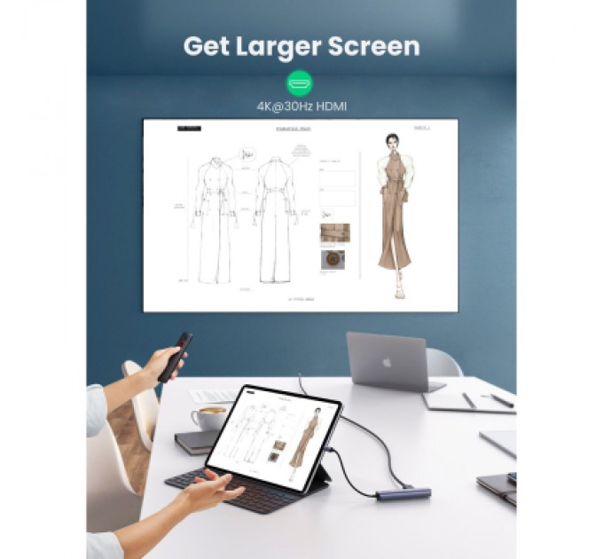 Ugreen Концентратор Ugreen USB3.0 Type-C to HDMI 4K30Hz/USB 3.0x2/RJ45/PD CM418 (10919)