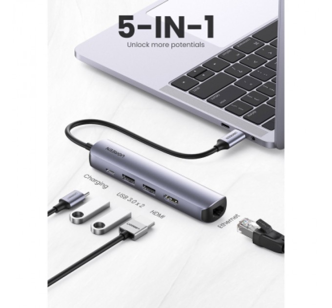 Ugreen Концентратор Ugreen USB3.0 Type-C to HDMI 4K30Hz/USB 3.0x2/RJ45/PD CM418 (10919)