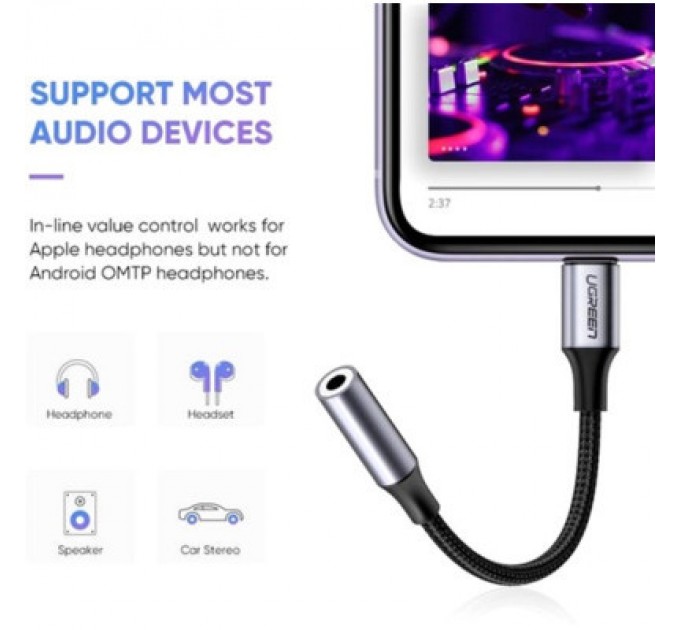 Ugreen Перехідник Lightning to 3.5mm 10cm Headphone Jack Adapter Model US211 gray Ugreen (30756)