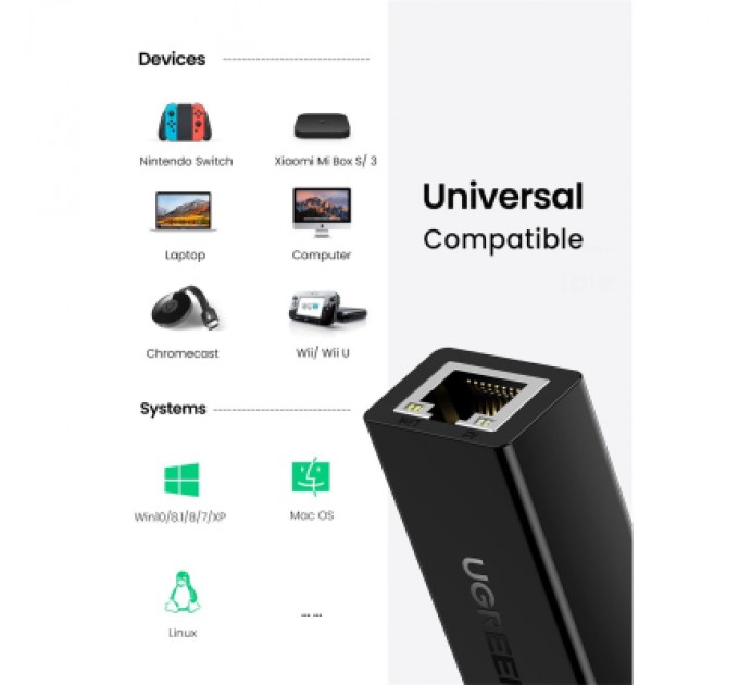 Ugreen Перехідник USB 2.0 to Ethernet RJ45 10/100 Mb CR110 Ugreen (20254)