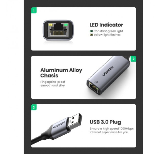 Ugreen Перехідник USB 3.0 to Ethernet RJ45 1000 Mb CM209 Ugreen (50922)