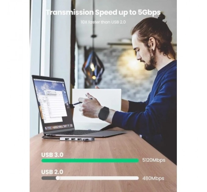 Ugreen Концентратор Ugreen CM219 HUB Type-C to 4xUSB with USB-C Power Port (Gray) (70336)