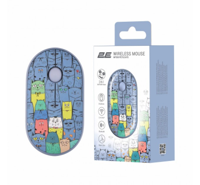 2E Мишка 2E MF300 PETSCATS Silent Wireless/Bluetooth Blue (2E-MF300WPETSBL)