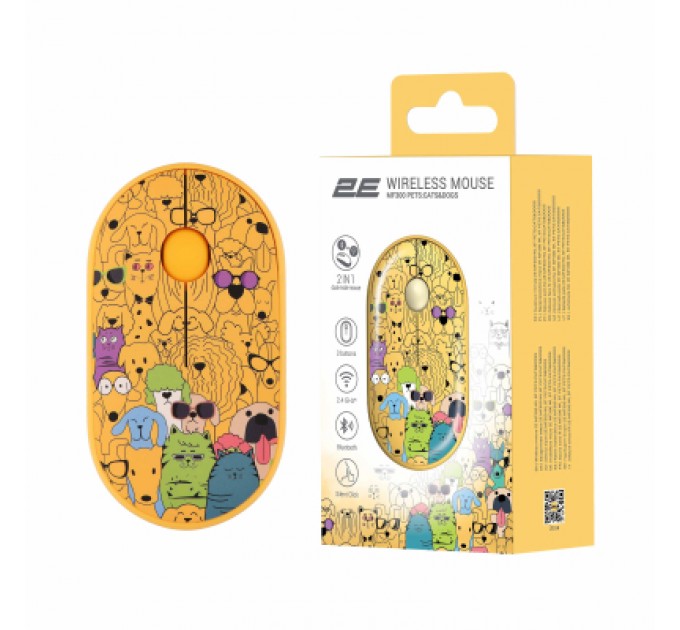 2E Мишка 2E MF300 PETSCATS&DOGS Silent Wireless/Bluetooth Yellow (2E-MF300WPETSYW)
