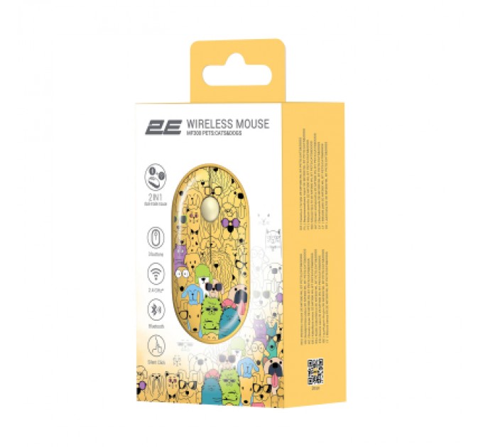 2E Мишка 2E MF300 PETSCATS&DOGS Silent Wireless/Bluetooth Yellow (2E-MF300WPETSYW)