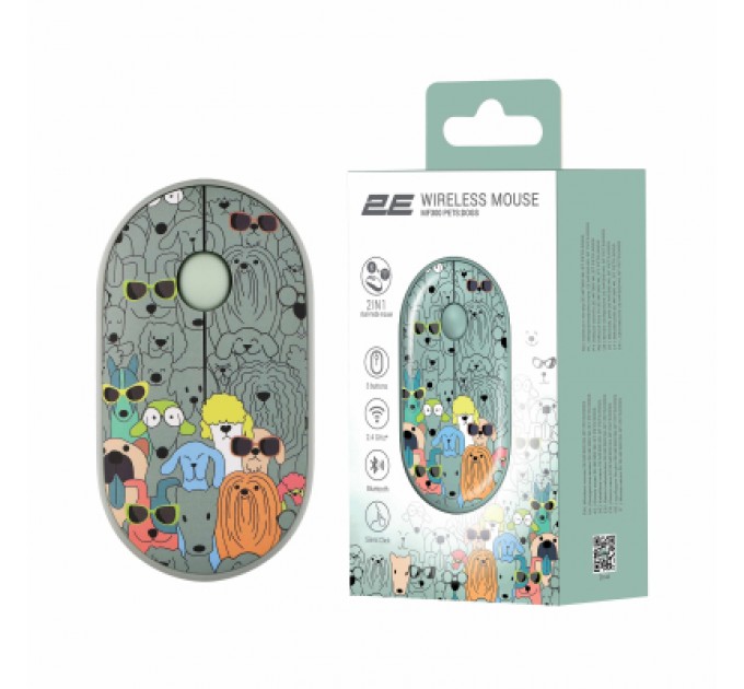 2E Мишка 2E MF300 PETSDOGS Silent Wireless/Bluetooth Green (2E-MF300WPETSGN)