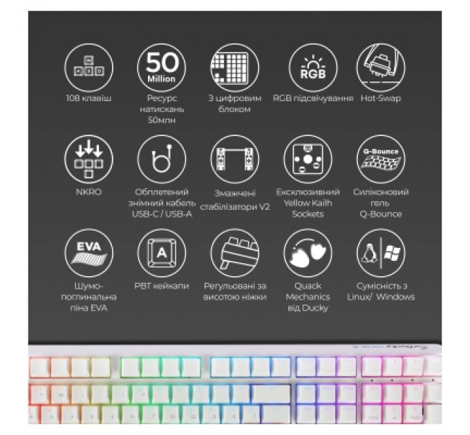 Ducky Клавіатура Ducky One 3 Cherry MX Blue RGB UA USB White (DKON2108ST-CUAPXPWWWSC1)