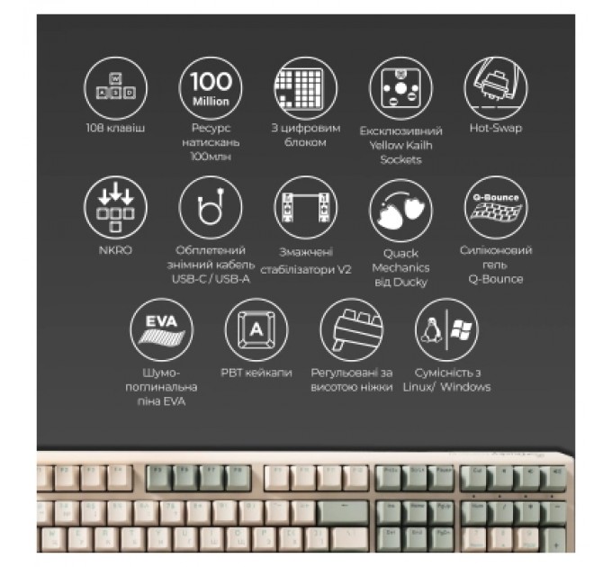 Ducky Клавіатура Ducky One 3 Cherry MX Silent Red UA USB Cream (DKON2108-SUAPXМAEGGC1)