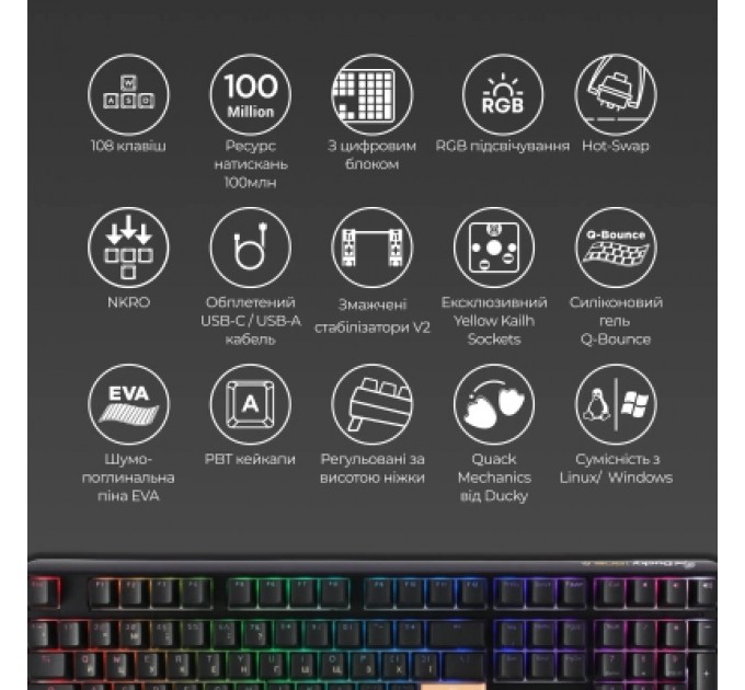 Ducky Клавіатура Ducky One 3 Cherry MX Silent Red RGB UA USB Black (DKON2108ST-SUAPXCLAWSC1)