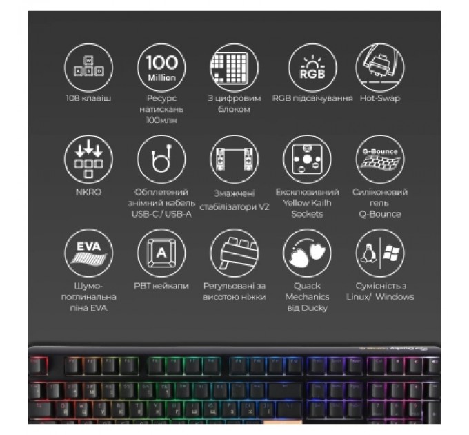 Ducky Клавіатура Ducky One 3 Cherry MX Speed Silver RGB UA USB Black (DKON2108ST-PUAPXCLAWSC1)
