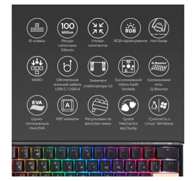 Ducky Клавіатура Ducky One 3 Mini Cherry MX Speed Silver RGB UA USB Black (DKON2161ST-PUAPXCLAWSC1)