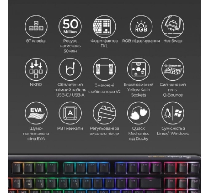 Ducky Клавіатура Ducky One 3 TKL Cherry MX Blue RGB UA USB Black (DKON2187ST-CUAPXCLAWSC1)