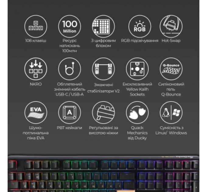 Ducky Клавіатура Ducky One 3 TKL Cherry MX Red RGB UA USB Black (DKON2187ST-RUAPXCLAWSC1)