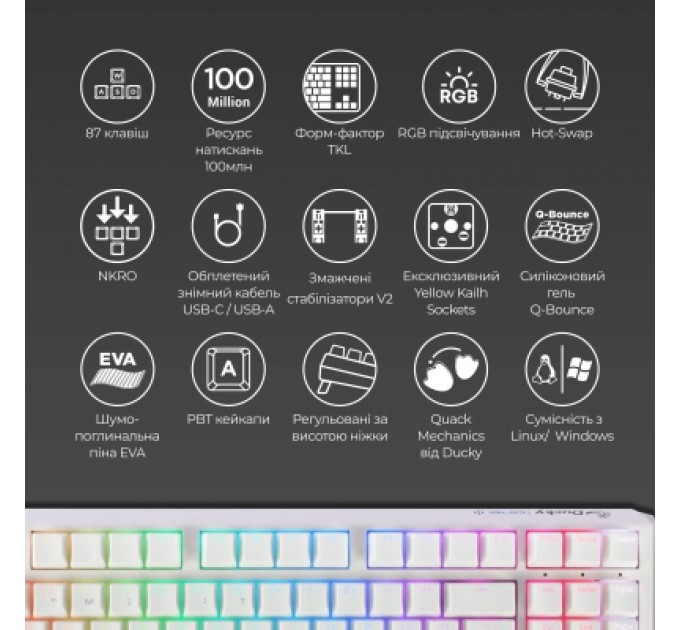 Ducky Клавіатура Ducky One 3 TKL Cherry MX Speed Silver RGB UA USB White (DKON2187ST-PUAPXPWWWSC1)