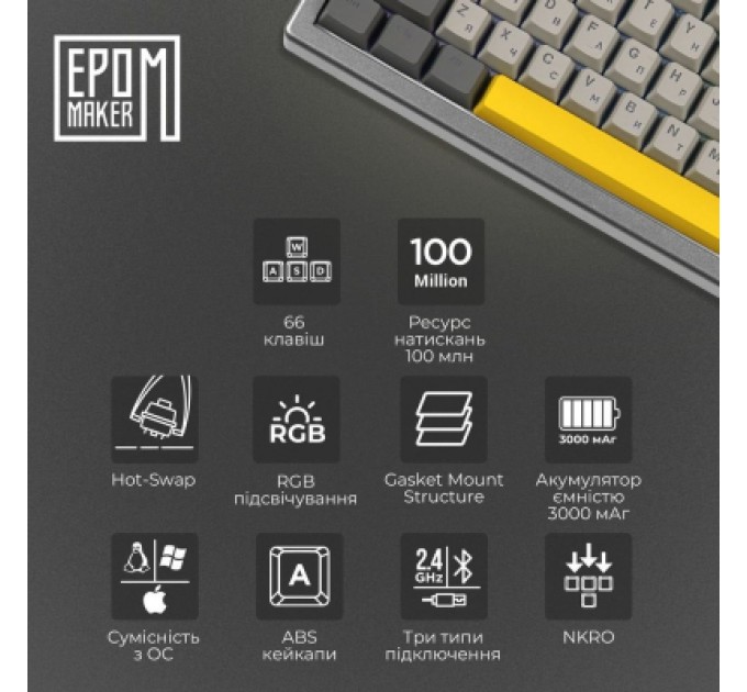 Epomaker Клавіатура Epomaker EK68 65 Budgerigar V2 Switch Hot-Swap RGB Wireless/Bluetooth/USB UA Black (EK68-B-BV2)
